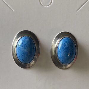 Vintage Sterling Silver 925 Denim Lapis Oval Post  Earrings Southwestern Native